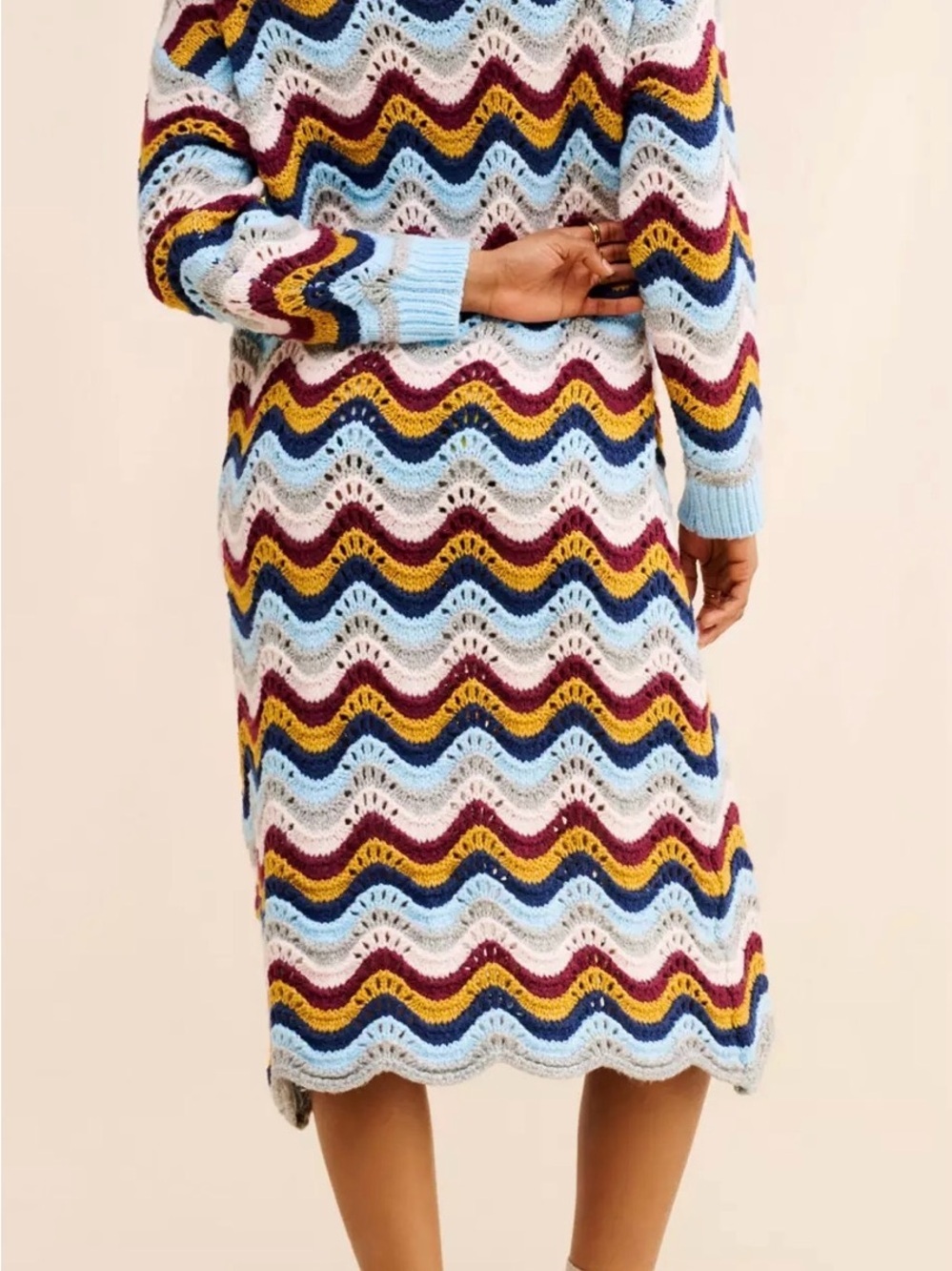 Callahan Multicolor Chevron Knit Sweater Dress in Light Blue, Burgundy, Mustard - Picture 3 of 8